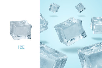 Creative layout made of ice cube over blue light background