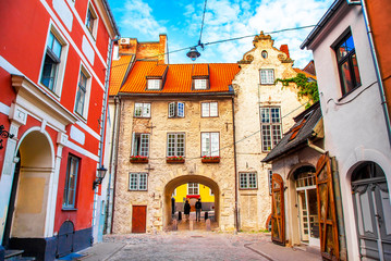 Swedish Gate medieval part of Riga old town, Latvia - obrazy, fototapety, plakaty