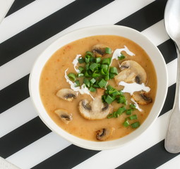 Fresh homemade mushroom soup puree with green onions and vegetable in a bowl  top view
