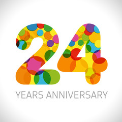 24 th anniversary numbers. 24 years old multicolored logotype. Age congrats, congratulation art idea. Isolated abstract graphic design template. Coloured digits up to -24% percent off discount.