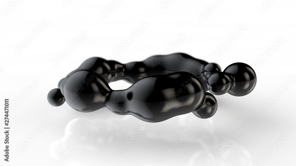Poster 3d illustration of amorphous black drops of different shapes in space on a white reflective backgrou