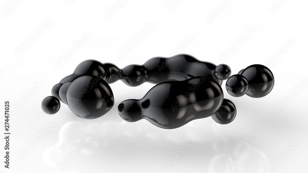 Poster 3d illustration of amorphous black drops of different shapes in space on a white reflective backgrou