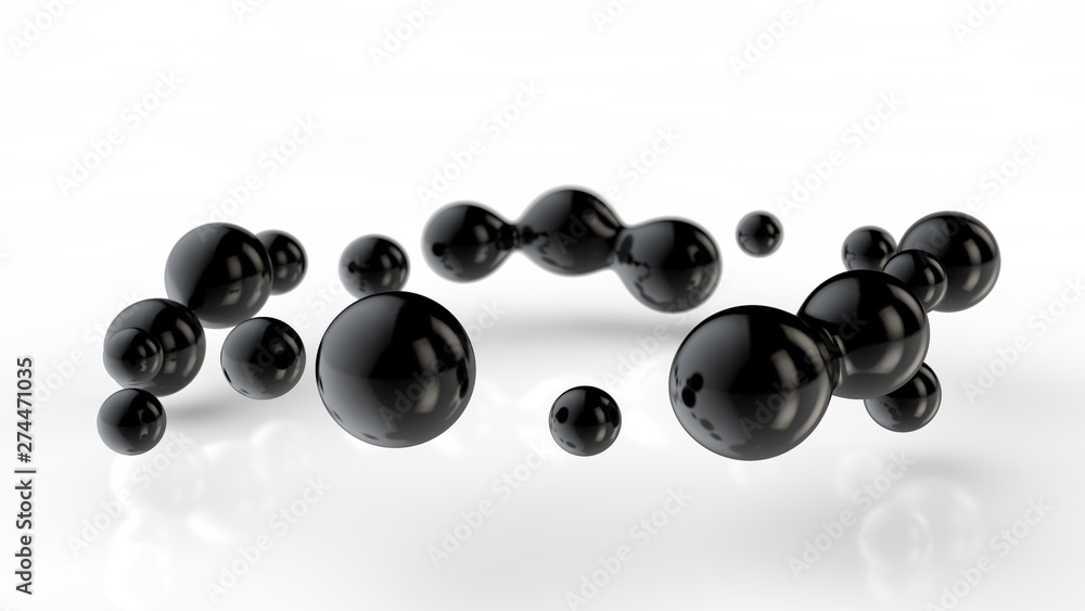 Poster 3d illustration of amorphous black drops of different shapes in space on a white reflective backgrou