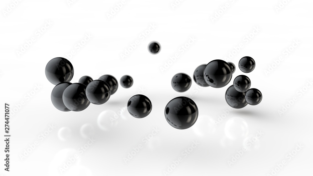 Poster 3d illustration of amorphous black drops of different shapes in space on a white reflective backgrou
