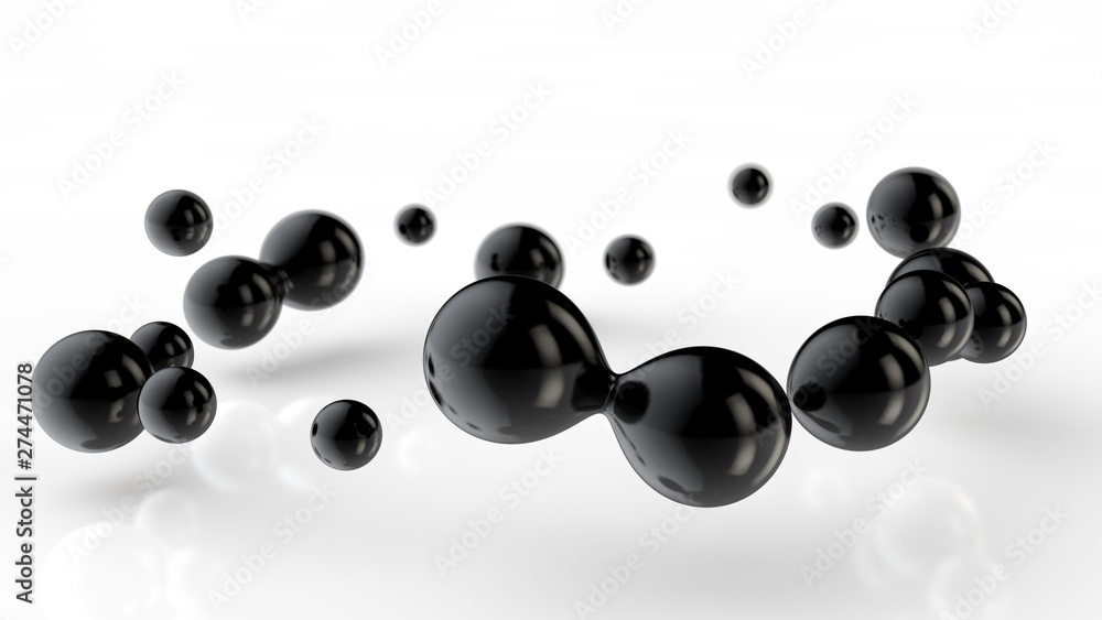 Poster 3d illustration of amorphous black drops of different shapes in space on a white reflective backgrou