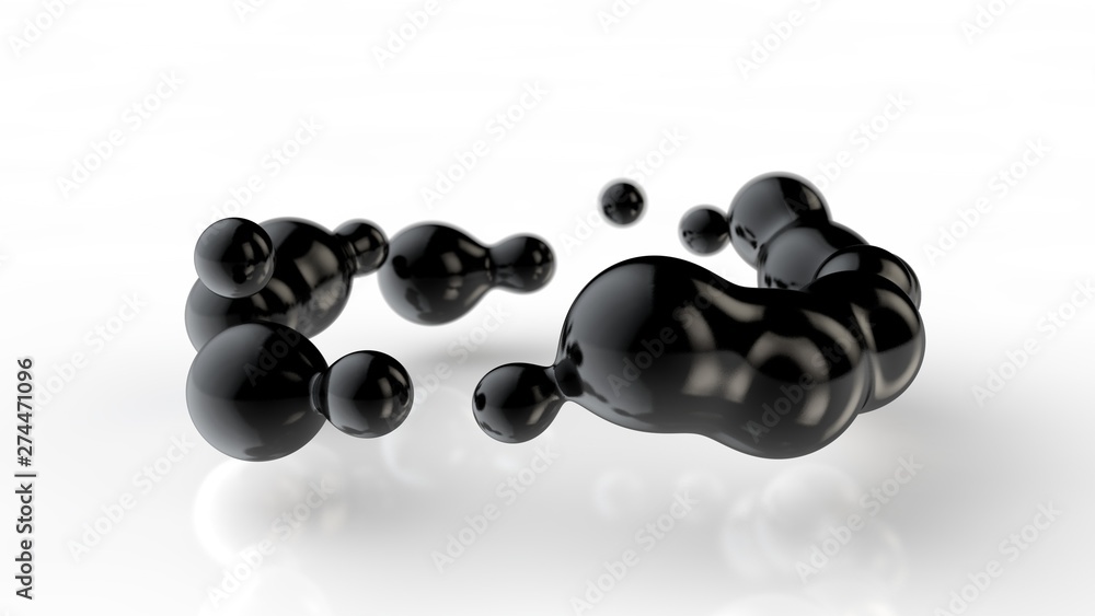 Poster 3d illustration of amorphous black drops of different shapes in space on a white reflective backgrou