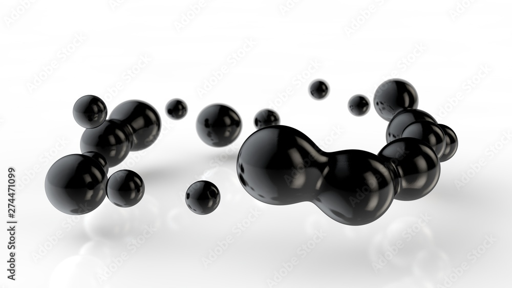Poster 3d illustration of amorphous black drops of different shapes in space on a white reflective backgrou