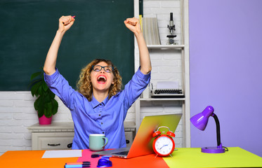 Young excited teacher. Teachers challenges and inspires. Teacher job - profession and learning...