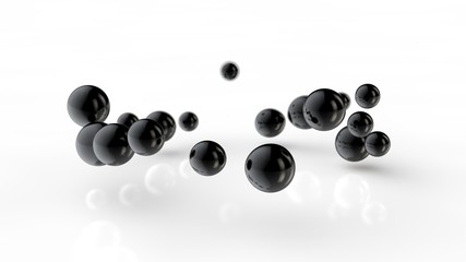 3D illustration of amorphous black drops of different shapes in space on a white reflective background. Abstract image for screensavers and background. 3D rendering of a futuristic object.