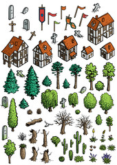 Fantasy map elements illustration, drawing, engraving, ink, line art, vector © jenesesimre