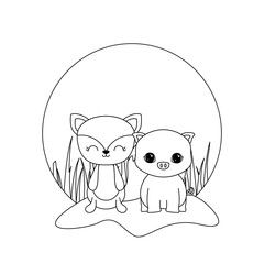 cute piggy with fox animals in landscape