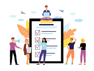 Online polling with tablet screen and voters flat vector illustration isolated.