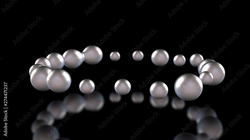 Poster 3d illustration of many light balls and drops on a black reflective background. the spheres are arra