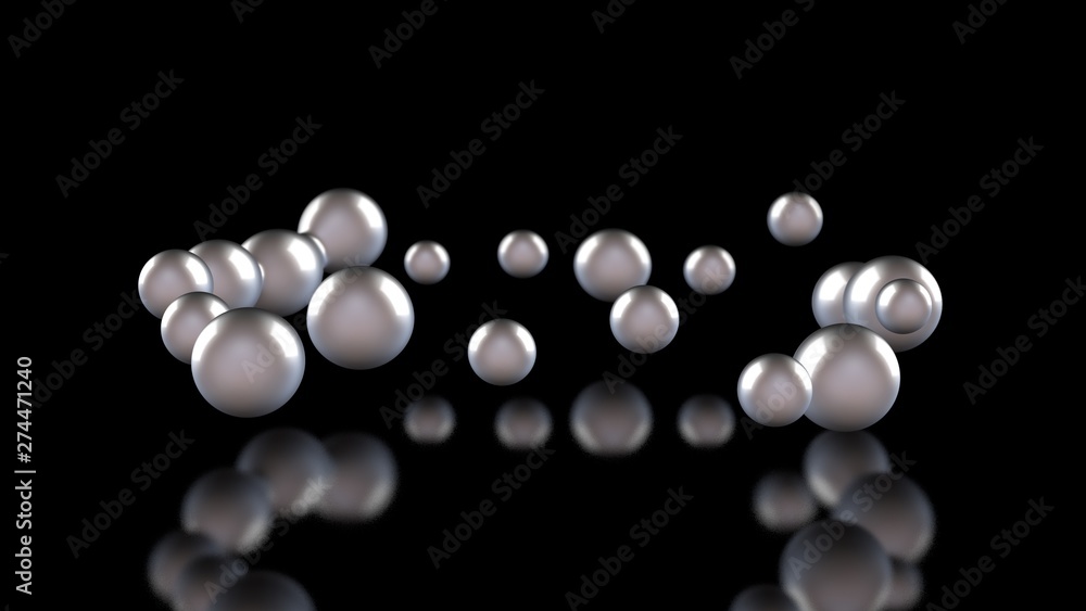 Aufkleber 3d illustration of many light balls and drops on a black reflective background. the spheres are arra