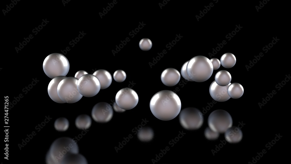 Aufkleber 3d illustration of many light balls and drops on a black reflective background. the spheres are arra