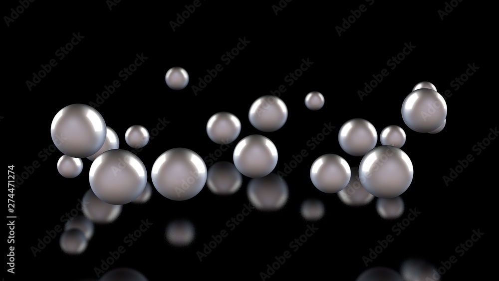 Aufkleber 3d illustration of many light balls and drops on a black reflective background. the spheres are arra