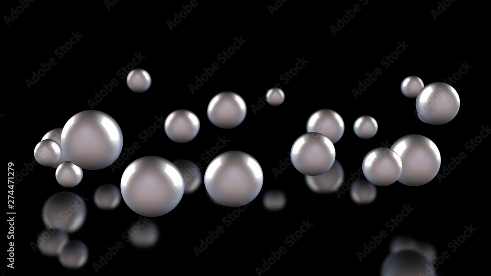 Aufkleber 3d illustration of many light balls and drops on a black reflective background. the spheres are arra