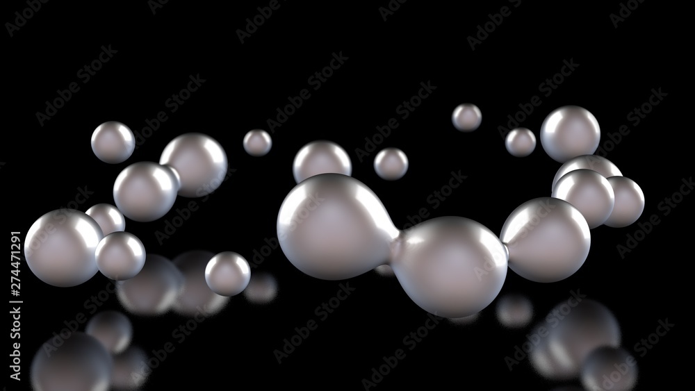 Poster 3d illustration of amorphous white drops of different shapes in space on a black reflective backgrou