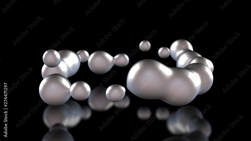 Poster 3d illustration of amorphous white drops of different shapes in space on a black reflective backgrou