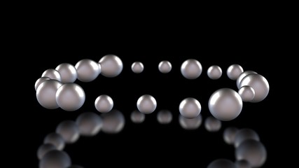 3D illustration of many light balls and drops on a black reflective background. The spheres are arranged chaotically in space. 3D rendering of abstract geometric background