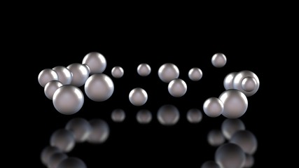 3D illustration of many light balls and drops on a black reflective background. The spheres are arranged chaotically in space. 3D rendering of abstract geometric background