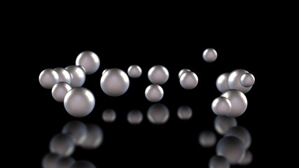 3D illustration of many light balls and drops on a black reflective background. The spheres are arranged chaotically in space. 3D rendering of abstract geometric background