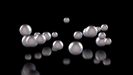 3D illustration of many light balls and drops on a black reflective background. The spheres are arranged chaotically in space. 3D rendering of abstract geometric background
