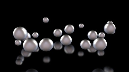 3D illustration of many light balls and drops on a black reflective background. The spheres are arranged chaotically in space. 3D rendering of abstract geometric background