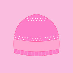 Pink winter hat isolated icon on neutral background. Flat vector illustration of female knitted headgear with simple pattern with circles.