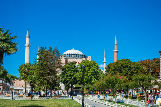 ISTANBUL, TURKEY - July 11 2017 : View to Hagia Sofia, beautiful historic landmark in Sultanahmet  on July 11, 2017 in Istanbul, Turkey