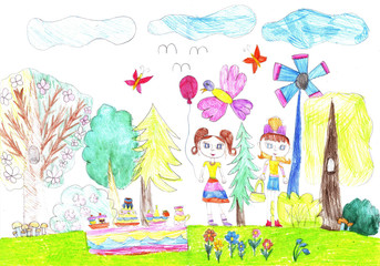 Obraz na płótnie Canvas Child drawing of happy girls girlfriends