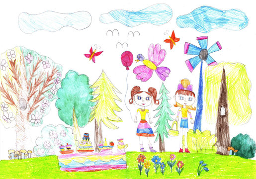 Child drawing of happy girls girlfriends