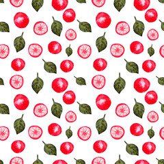 Watercolor hand drawn seamless pattern with red tomato on the white background. For used on card, wallpaper, poster, banner, panel or frame.