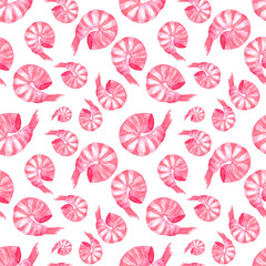 Watercolor Seamless pattern with shrimps. Illustration isolated on white background.Seafood