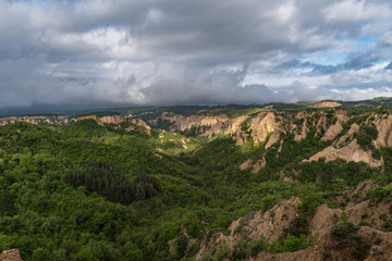 Rozhen pyramids -a unique pyramid shaped mountains cliffs in Bulgaria, near Melnik town.
