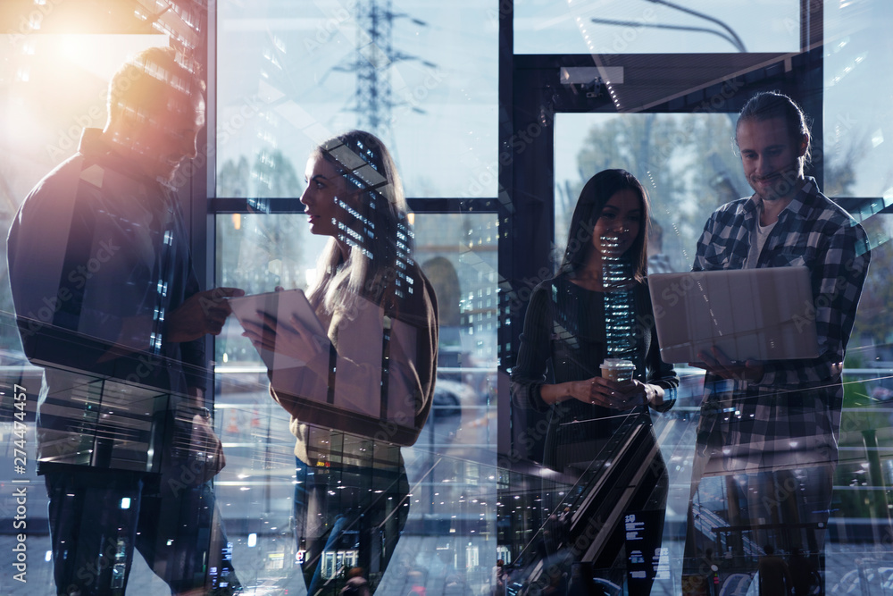 Wall mural team of business person works together. concept of teamwork. double exposure