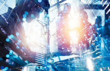 Team of business person works together. Concept of teamwork. Double exposure