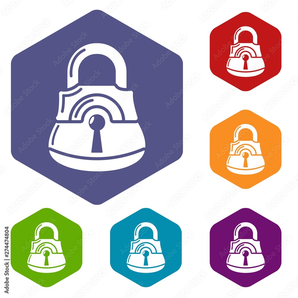 Poster lock gates icons vector colorful hexahedron set collection isolated on white