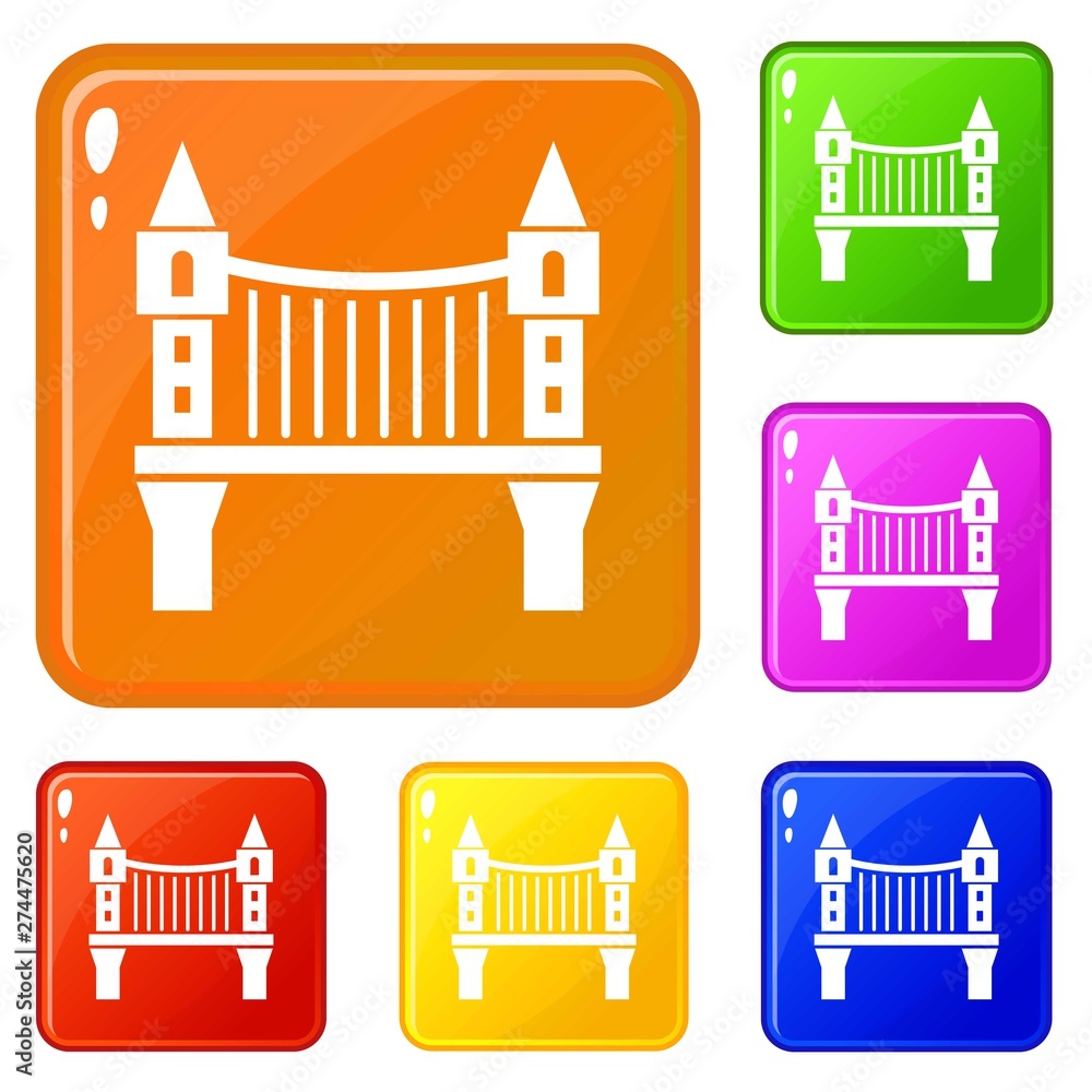 Poster tower bridge icons set collection vector 6 color isolated on white background