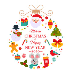 Bright greeting card Happy New Year 2020. flat vector illustration on white background