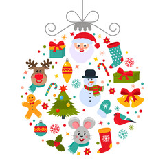 Bright greeting card Happy New Year 2020. flat vector illustration on white background