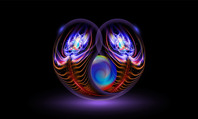 Abstract vector soft luminescence, Two peacock feathers, wrapped around the pearl on black, dark background in illustration magic neon lights circular energy sci-fi. Shining cosmic frame rounded