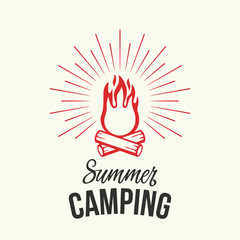 Retro summer camping banner with bonfire and logs in vintage style. flat vector illustration on white background