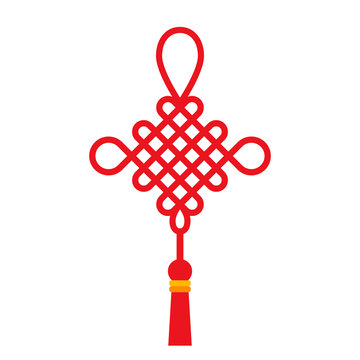 Red chinese knot with tassel. The traditional symbol of the lunar Chinese New Year with good luck wishes. flat vector illustration
