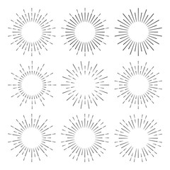 A large set of hand-drawn retro sunbursts. Burst of stars in vintage style. flat vector illustration