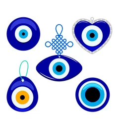 Fotobehang Turkish traditional set of blue glassy boncuk mascot. Symbol from evil eye isolated on white background. flat vector © Ольга Погорелова