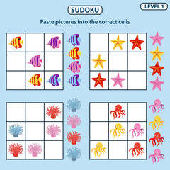 Set of logical tasks for children on the sea animals and fish theme. Sudoku game