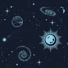Obraz na płótnie Canvas Space seamless pattern, beautiful galaxy, stars, planets, constellations in outer space. Texture for wallpapers, fabric, wrap, web page backgrounds, vector illustration
