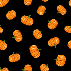 Seamless pattern of orange pumpkins with green stem on black background