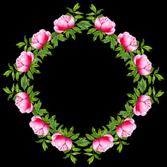 Watercolor peony flower round frame. Hand painted wreath isolated on black background. Floral design artwork for the poster, shirt, textile, wedding invitation, home decor, card